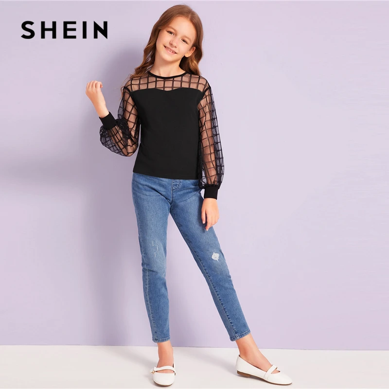 SHEIN Kiddie/черная Повседневная Блузка с контрастной сеткой на плечах детские топы года, Осенние Блузы с длинными рукавами и пуговицами сзади для подростков