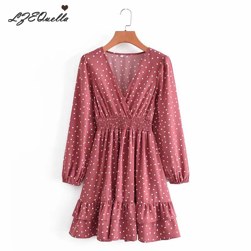 

LZEQuella Polka Dot Ruffles Mini Dress Summer 2021 Long Sleeve V neck High Waist Short A Line Dresses vestidos NZ3815
