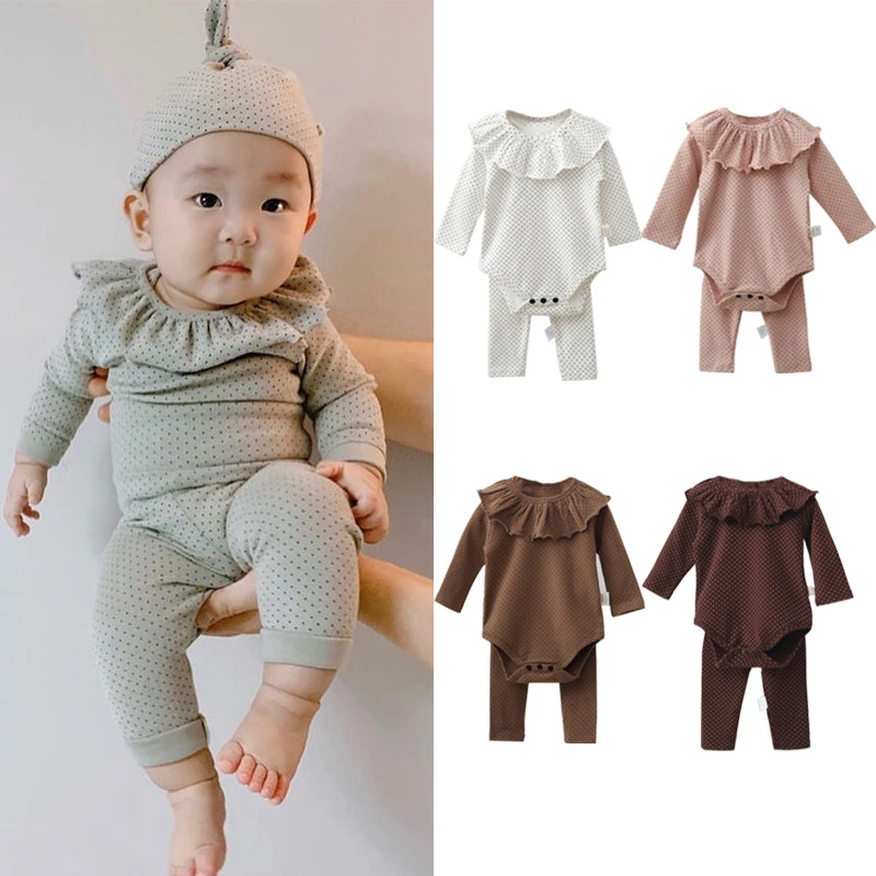 

Spring Autumn Baby Girl Outfit Long Sleeve Dot Baby Bodysuit Pants Ruffle Collar Infant Romper Jumpsuit Clothes for Newborn