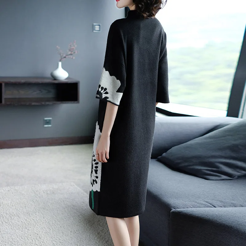 

European Plus Size 2020 Autumn Winter Fashion Knitted Sweater Women Big Floral Print Mid-Calf Casual Jumper Dress