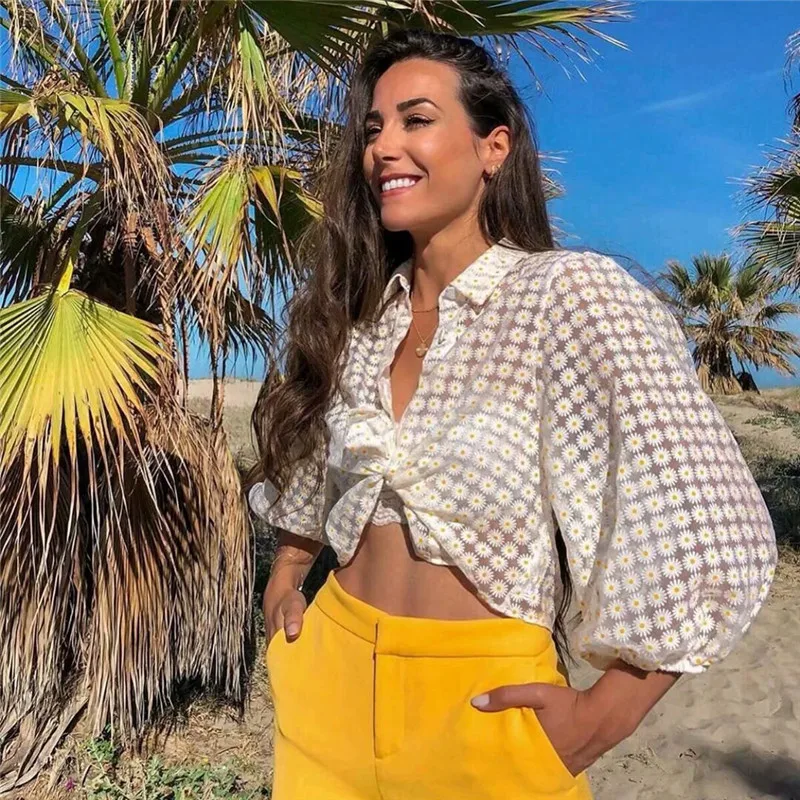 Женская Цветочная блузка в стиле бохо топы с длинным рукавом фонариком модная