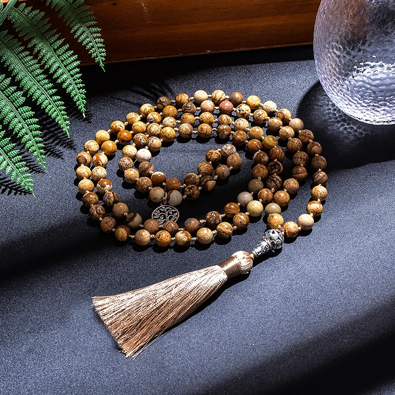 

108 Japa Mala Beaded Knotted Necklace 8mm Natural Picture Jasper Rosary Meditation Yoga Healing Jewelry Tree of Life Pendant