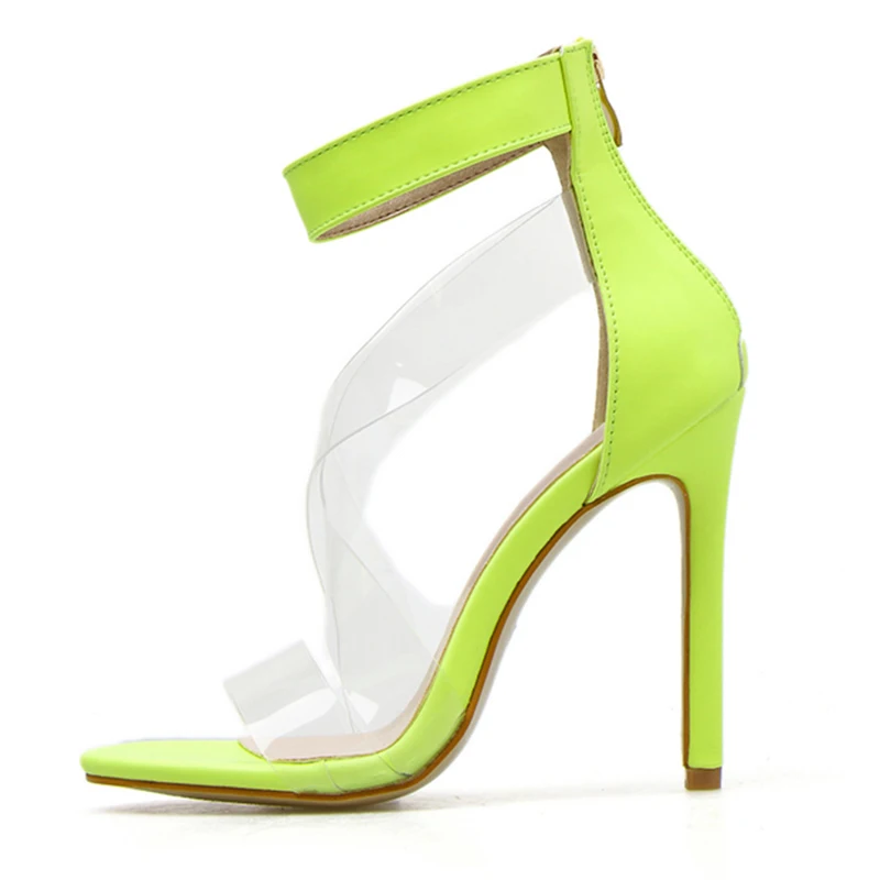 2019 г. Летние женские неоновые сандалии прозрачные босоножки на высоком тонком