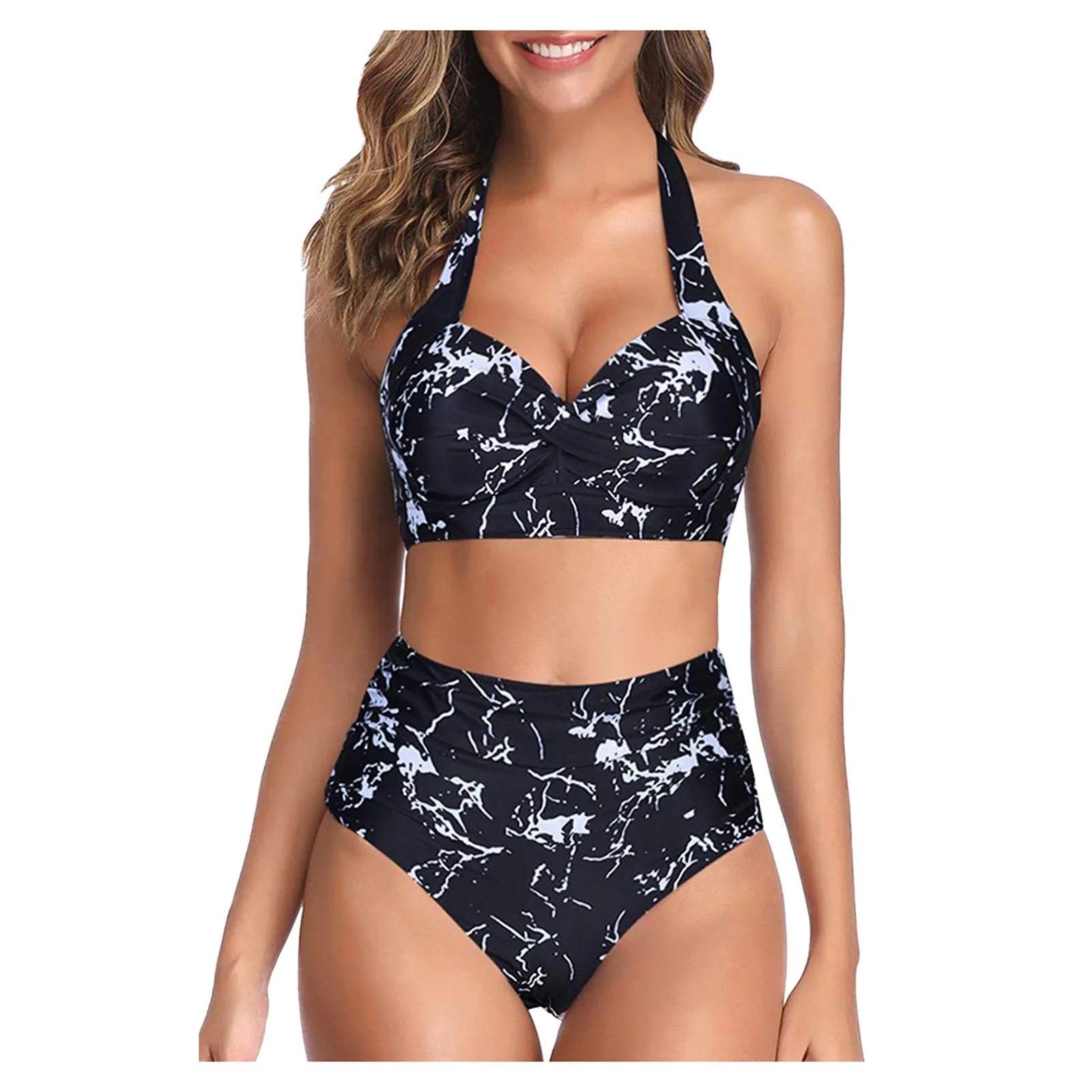 

Women's Swimsuits Swimwear Vintage Swimsuit Two Piece Retro Halter Ruched High Waist Print Bikini Set Summer Female Swimwears
