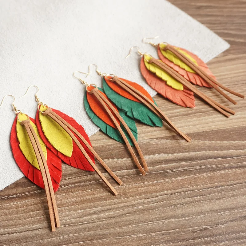 

Новые весенние Висячие серьги для женщин из трехслойной овечьей кожи с листьями