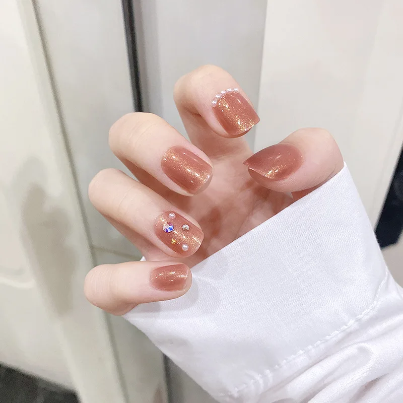 

24PCS Kit with Jelly Gel Stick on Fake Fingernail Korean Presson Square Diamond Designs Glitter Brown Press on Nails Short