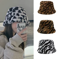 winter cow leopard faux fur fluffy bucket hats women outdoor warm sun hat soft velvet furry fisherman cap girl fashion panama