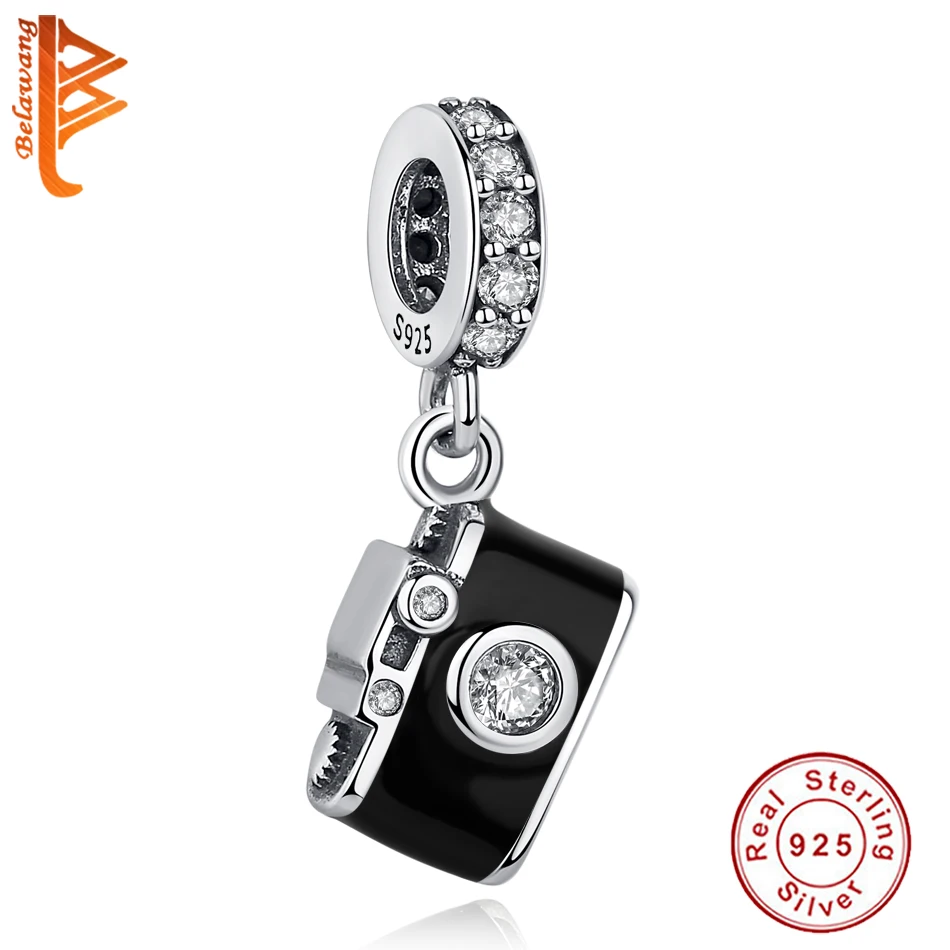 Серебряные бусины 925 пробы Камера Черной Эмалью Ясно CZ Подвески Fit оригинальный