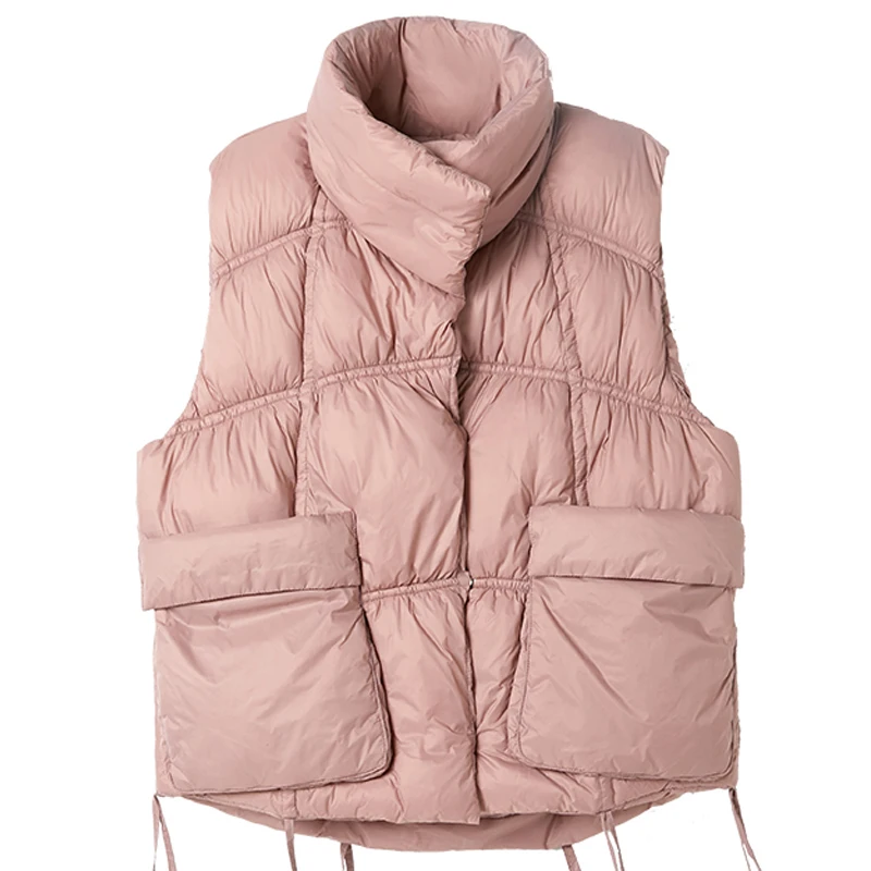 

2021 New Autumn Winter Women Black Vest Solid Casual Loose Sleeveless Jacket Stand Collar Cotton Padded Waistcoat Big Pockets