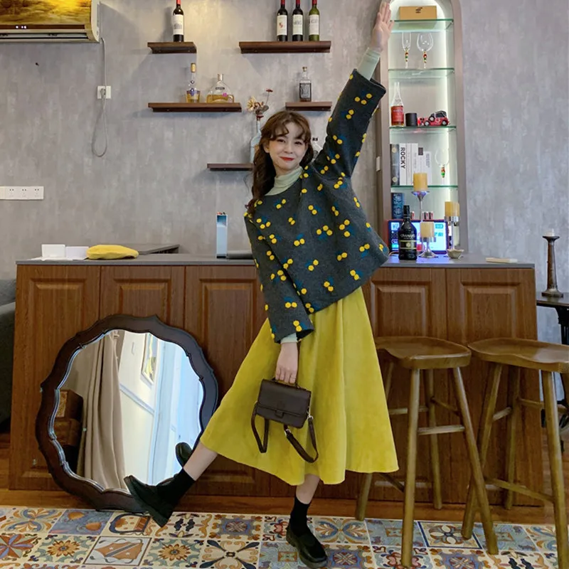 Autumn Winter Plus Size 2 Piece Sets Womens Outfits Vintage Harajuku Long Sleeve Cherry Blouse And High Waist Midi Skirt Set |