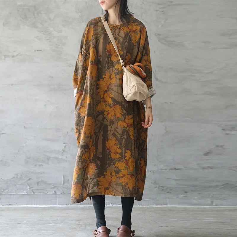 Johnature осеннее свободное платье в стиле ретро с цветочным принтом и пряжкой