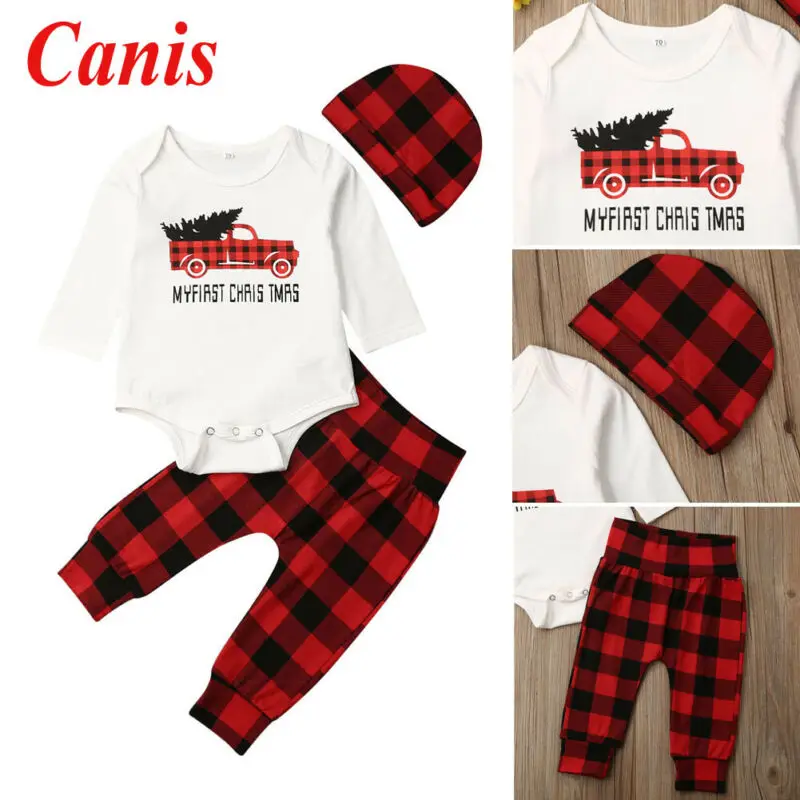 Newborn Baby Boys Girls Christmas Long Sleeve Bodysuit White Letters Print Tops Red Plaid Pants with Cap 3pcs Kids Clothes | Детская