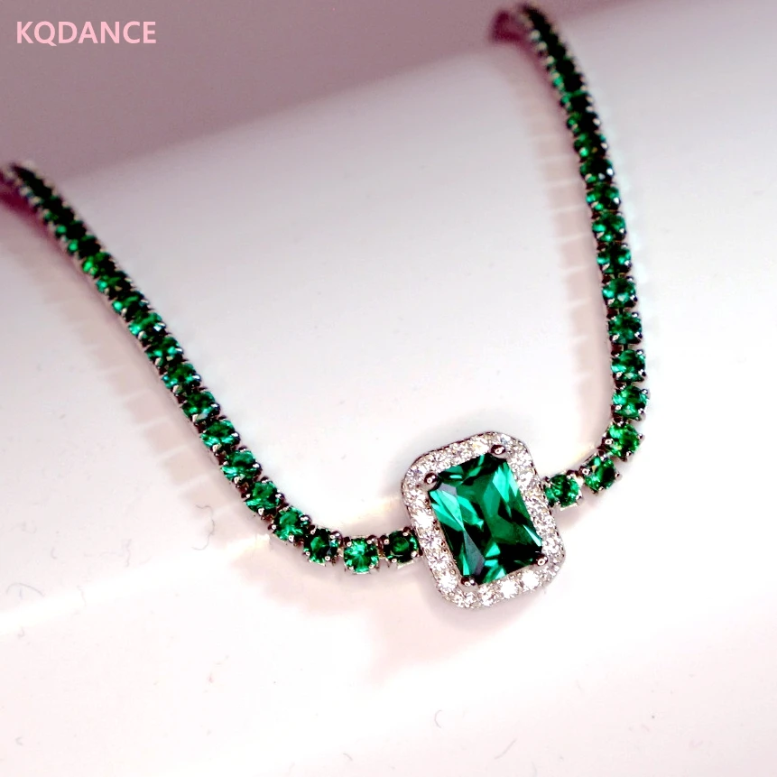 

KQDANCE 100% 925 пробы серебро с зеленым камнем, созданным изумрудом, ожерелье для тенниса, модные ювелирные изделия 2021