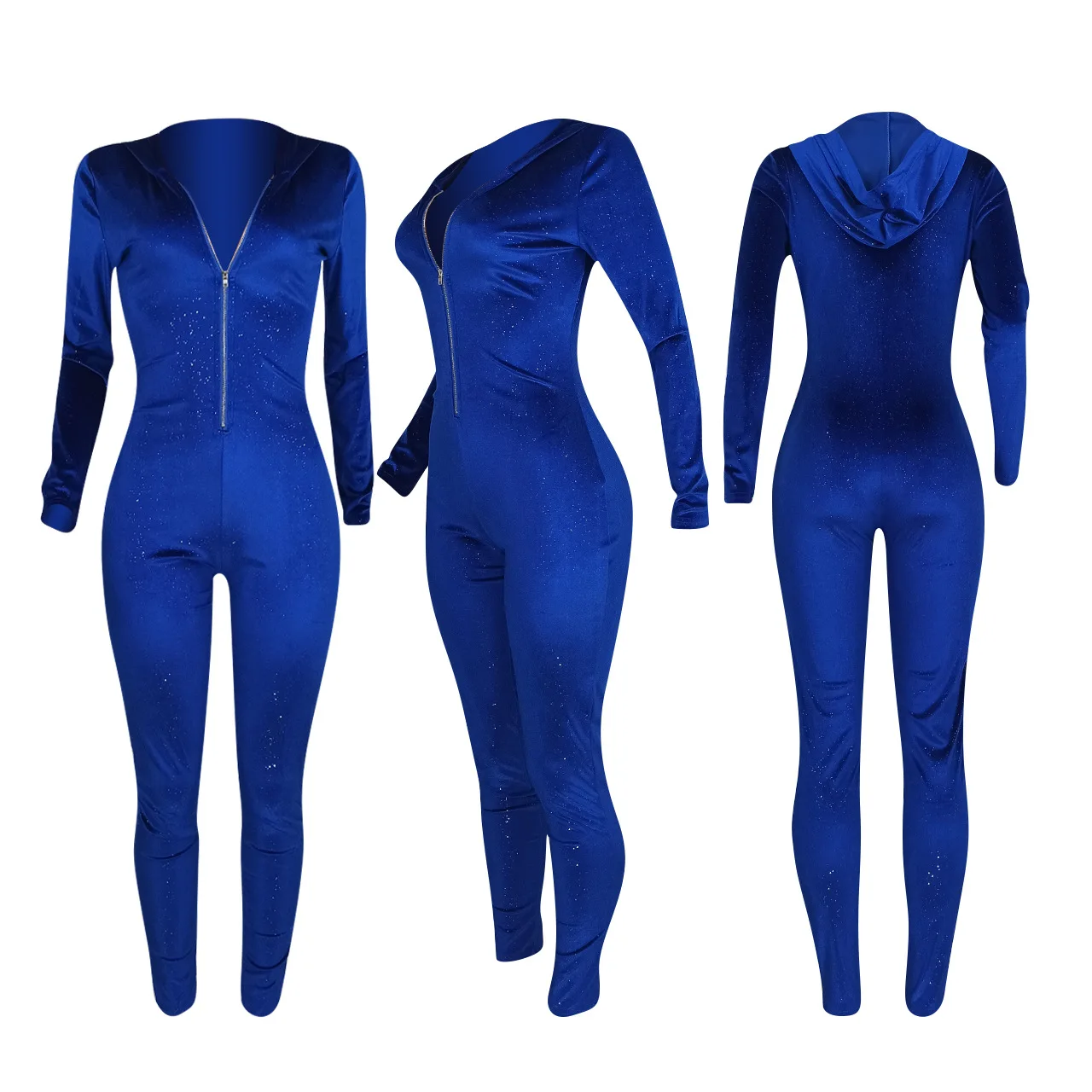 

Echoine Royal Blue Sequined Velvet Hooded Jumpsuit Women Long Sleeve Elastic Fashion Fitness Streetwear Zipper Slim Rompers