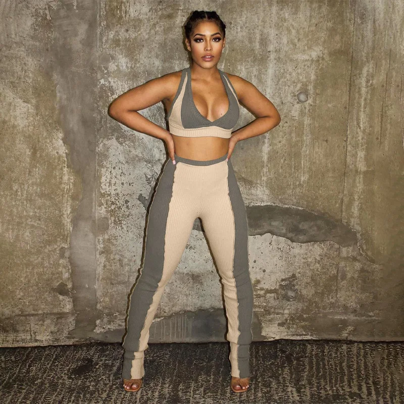 

Womens 2 Piece Sets Sportswear 2021 Spring Summer Tracksuit Casual Sport Suit Pit Strip Stitching V-neck Sports Yoga Suit Women