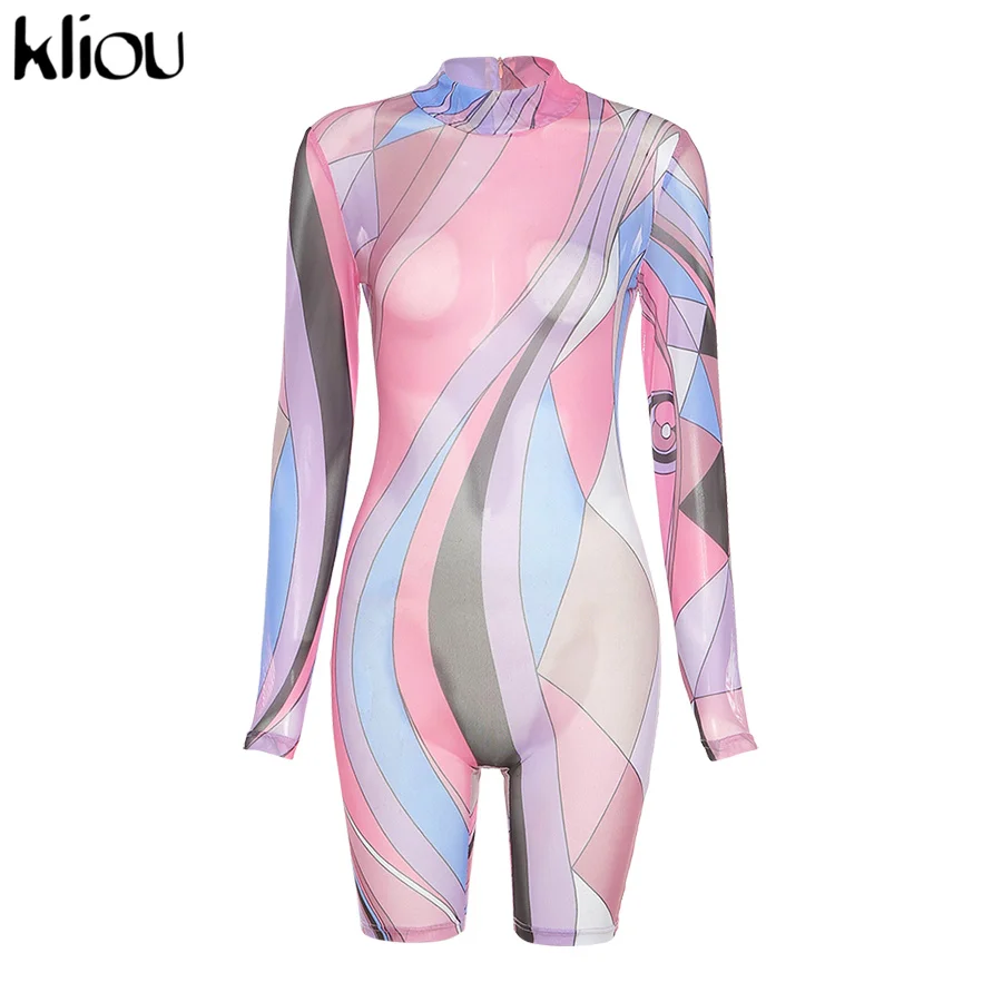 

Mesh Printed Stretchy Slim Romper Women 2021 Casual Turtleneck Active Zipper Outfits Sportswear Female Skinny Playsuits