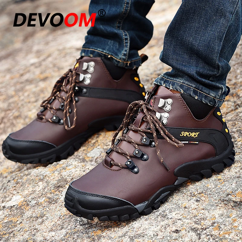 Waterproof Hiking Boots Men Fur Genuine Leather Tactical Combat Army Outdoor Climbing Trekking Shoes Non-slip Sneakers | Спорт и