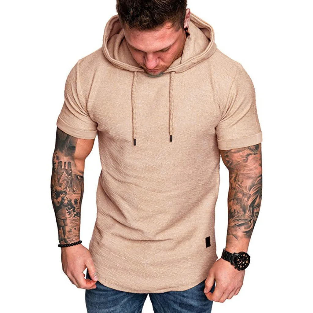 

Brand Gyms Clothing Mens Slim Fit Hooded Tee Tops Cotton Short Sleeve Shirt Fitness Workout Sportswear Tops Male Streetwear