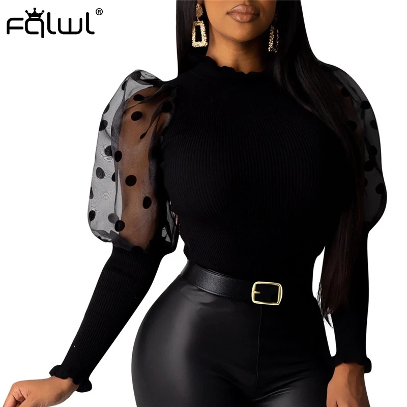 FQLWL оборки в горошек сетчатая трикотажная Сексуальная Блузка женская рубашка