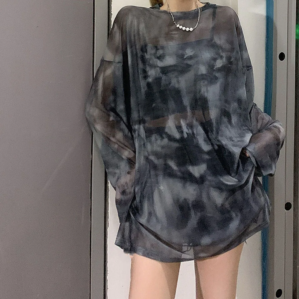 

Summer 2021 New Fashion Top Suit Retro Tie Dye Net Yarn Printing Round Neck Long Sleeve Printing Loose Casual