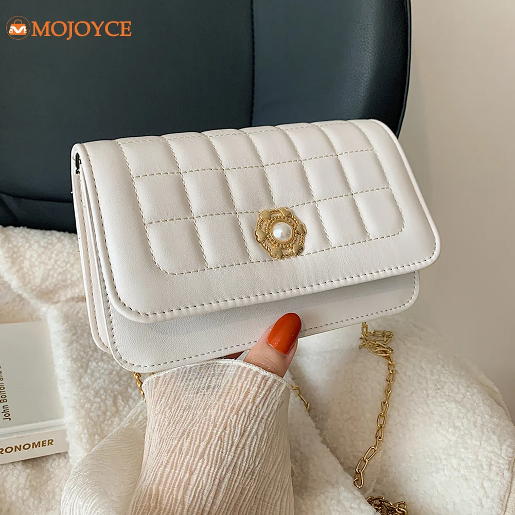 

Women Pearl Plain Shoulder Bags Ladies Casual Lattice Pattern Messenger Bags Small PU Leather Chain Flap Bags
