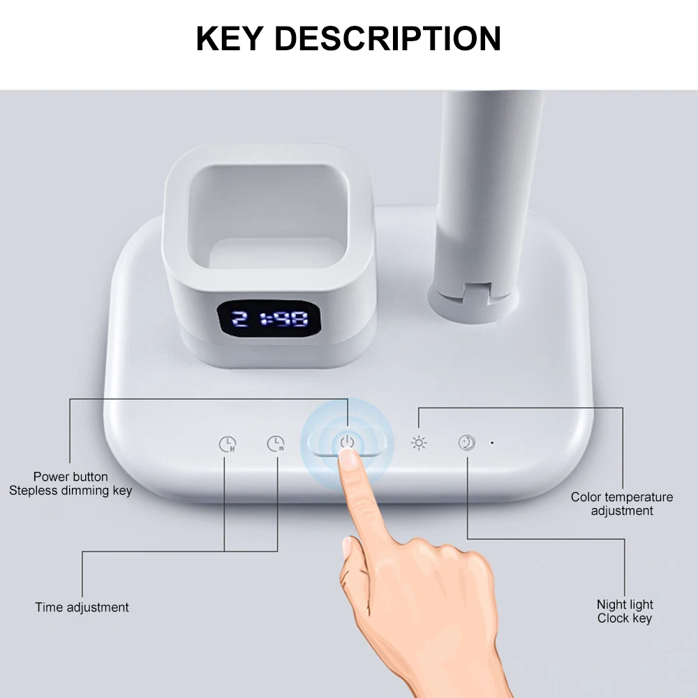 

Modern Dual LED Office Desk Lamp Touch Dimmable Foldable With Clock Pen Holder Eye Protect Table Reading Light For Kids LAOPAO