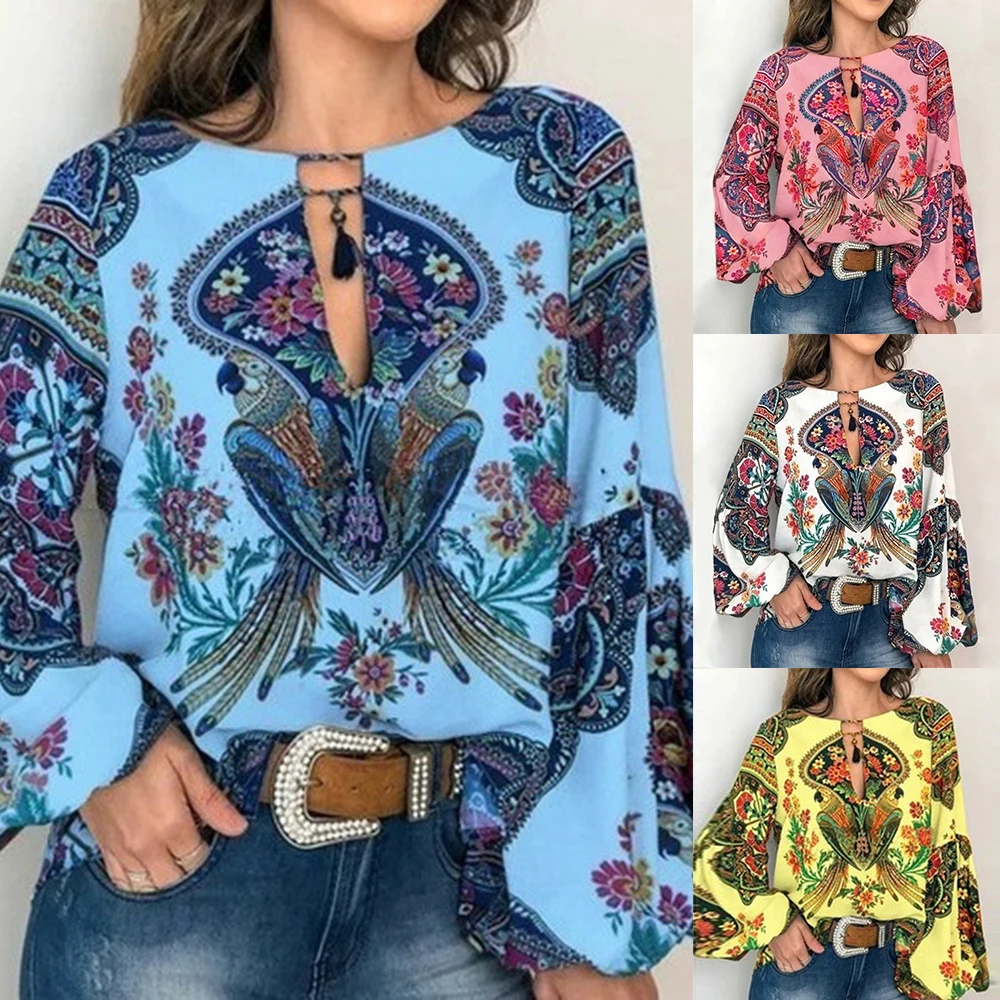 WENYUJH 2019 Boho блузка с цветочным принтом рубашка рукавами фонариками сексуальные