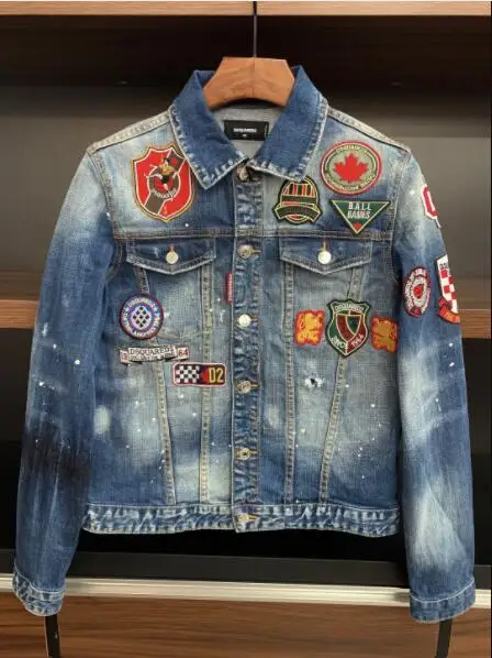 

2021 Fashion Trend DSQUARED2 Men's Motorcycle Denim Jacket, Worn And Worn Out Washed Jacket streetwear X33