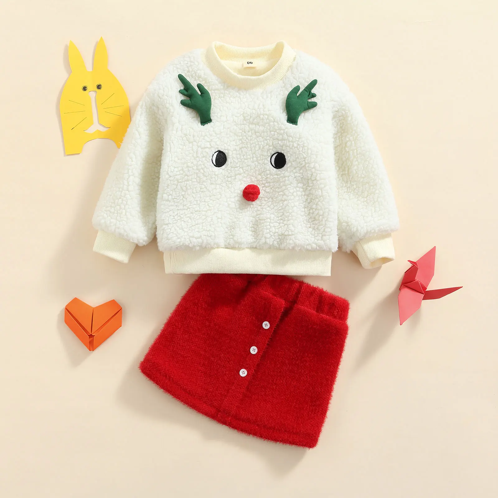 

2-6 Years Children Clothing 2Pcs Kids Christmas Tracksuit Girls Fleece Cartoon Deer O-Neck Long Sleeves Sweatshirt+Short Skirt