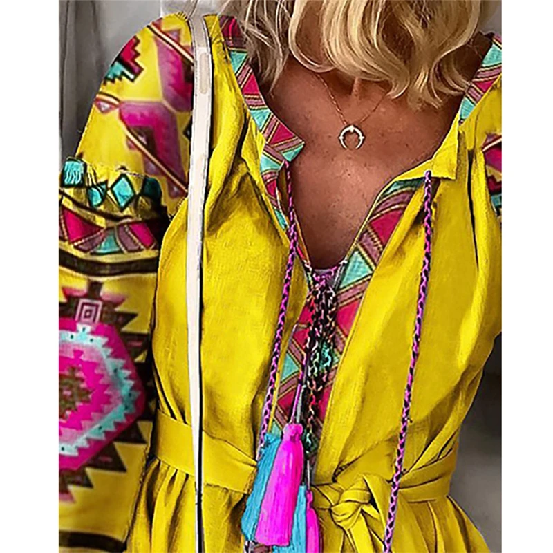 2019 Vintage Women Boho Floral Long Sleeve Short Dress Ladies V Neck Holiday Party Mini Tassels Lantern | Женская одежда