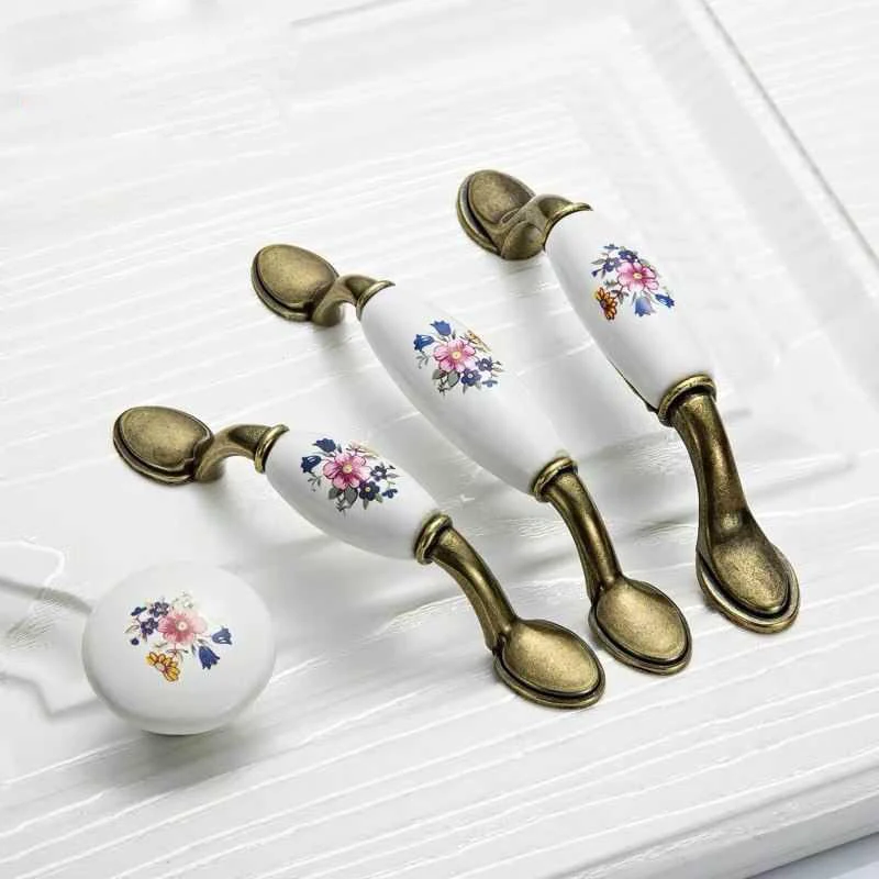 3 'Ɖ 75'' античная бронза белый керамический цветок ручки для кухонного шкафа