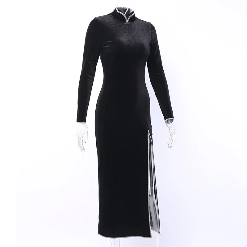Готическое темно-черное готическое женское платье Cheongsam винтажное гранж Harajuku зима с длинным рукавом на молнии женские платья шикарные