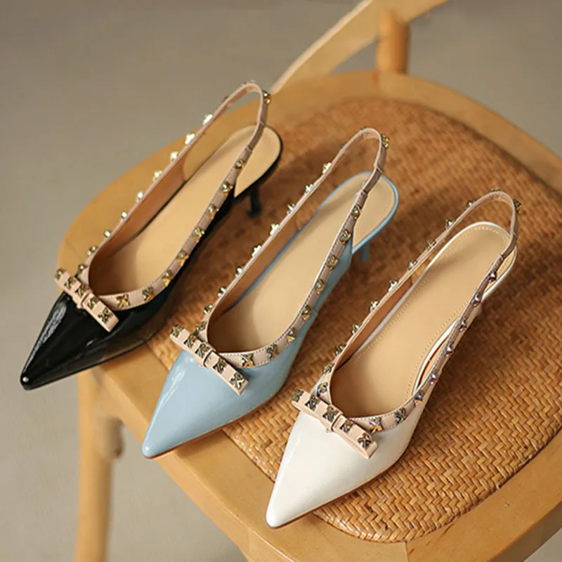 

Elegant Women Heeled Shoes Fashion Riveting Design Banquet High 5cm Pointed Asakuchi Single Shoes Solid Color Woman Shoes