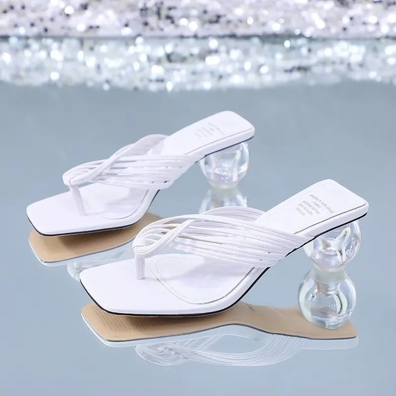 

Summer Women Square Toe Slippers Flip Flop Ladies Fashion High Heels Sandals PU Leather Women's Casual Shoe Female Footwear2021
