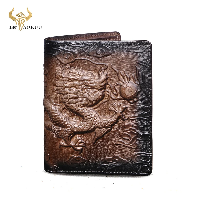 

Hot Sale Male Female Men Soft Real Leather Vintage Design Coffee Dragon Emboss Simple Standard Slim Wallet Handy Purse Men 1010