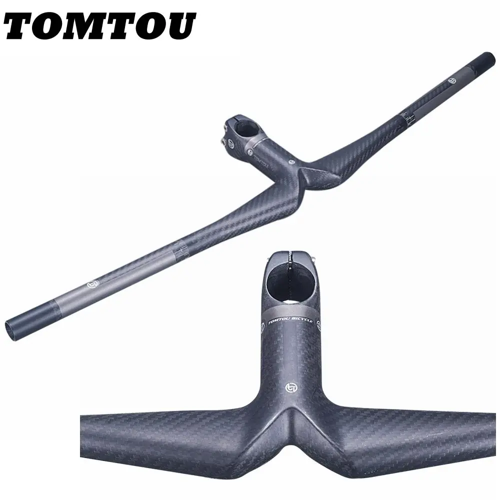 

TOMTOU Carbon Fibre One shaped Bars Bike Integrated Flat Handlebar With Stem Bicycle XXX MTB Parts