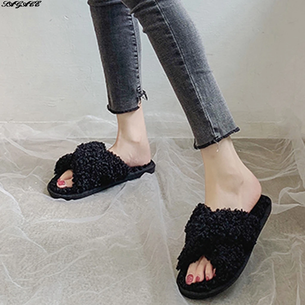 

SAGACE Winter Fluffy Slippers Fur House Slippers Home Indoor Shoes Warm Ladies Slides Flat Pantoffels Dames Zapatos Mujer