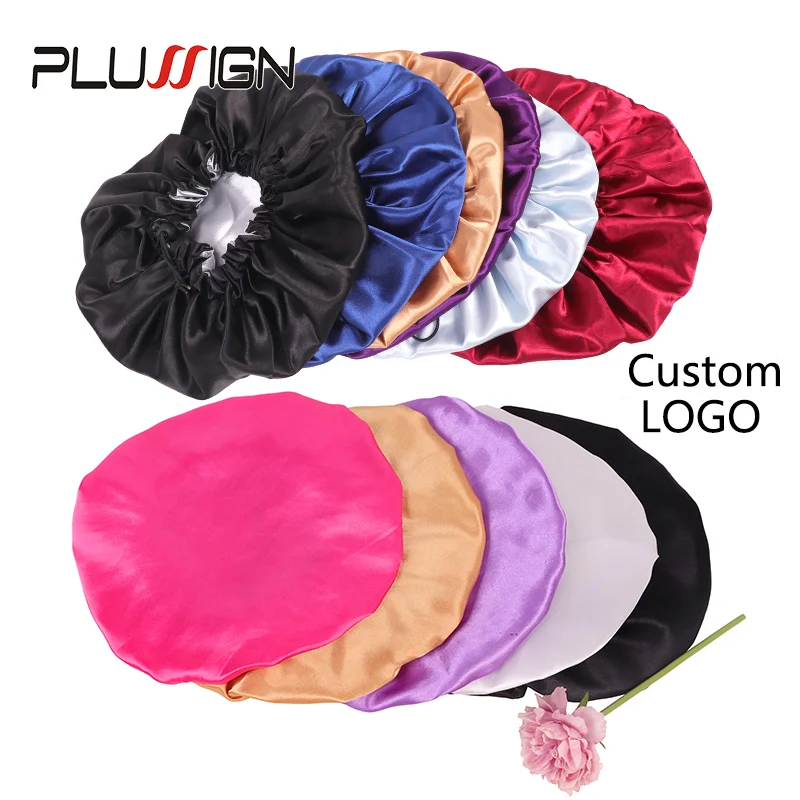 Custom Bonnets With Logo Plussign 20Pcs/Lot Satin Solid Sleep Hat Haircare Bonnet Hair Cap For Women Silky Big Size 32Cm