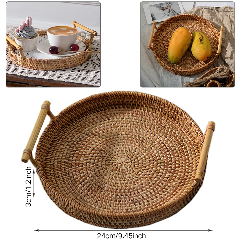 

Wicker Basket Round High Rattan Handwoven Wall Severing Tray Food Storage Platters Plate Over Handles for Breakfast Drink Snack