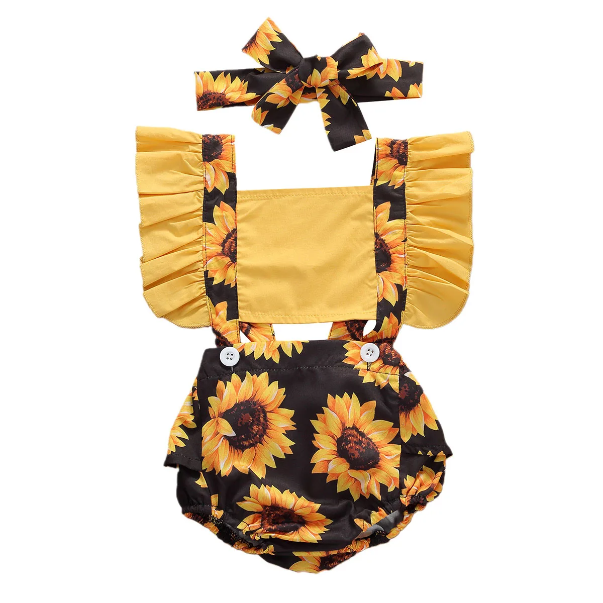 

Summer Baby Girls Clothes Sunflower Patchwork Ruffled Sleeve Jumpsuit Sleeveless Playsuit Outfits Headband 2Pcs Set for 0-24M