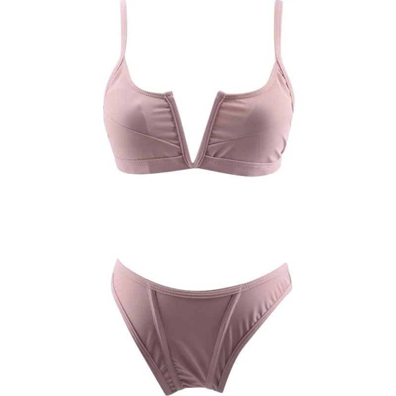 

European and American Sexy Hollow Split Bikini Hot Spring Bathing Suit Slimming Gathered V-Shaped Beach Swimsuit Women