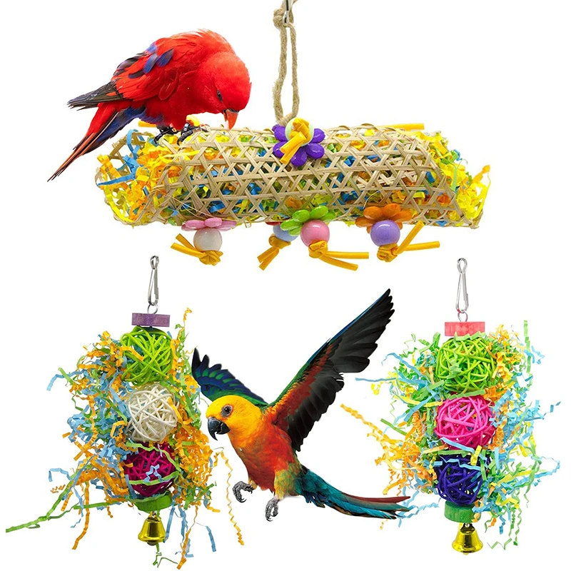 

3Pack Bird Chewing Toys Parrot Cage Shredder Toy Bird Loofah Toys Foraging Hanging Toy for Cockatiel Conure African Grey Parrot