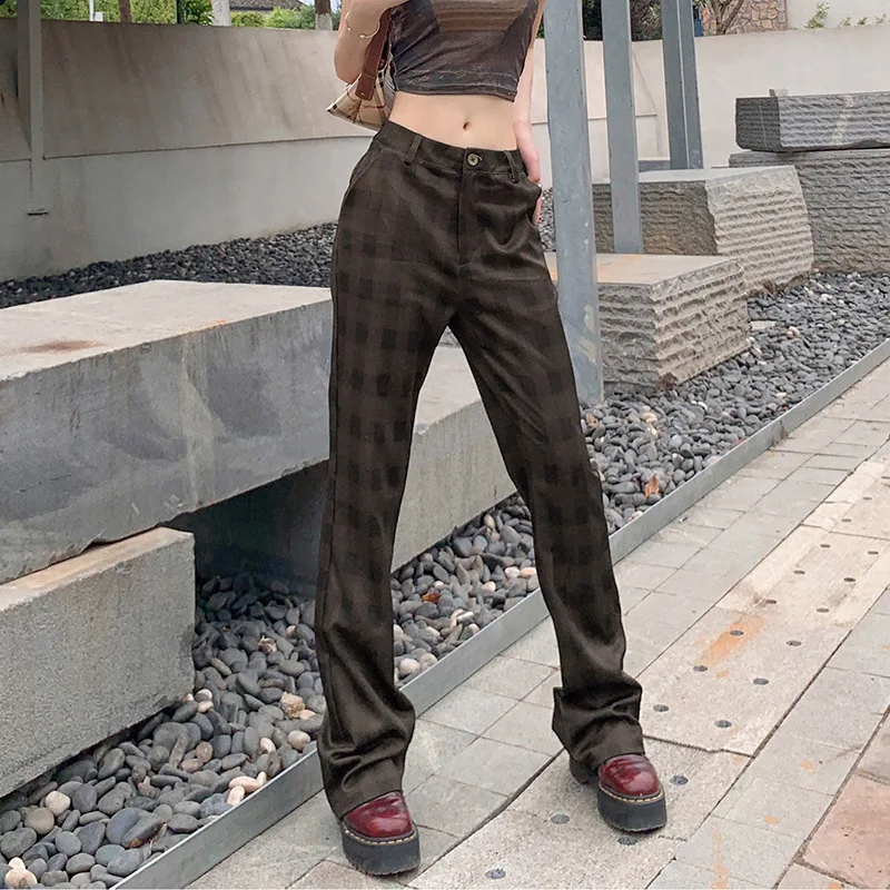 

High Waist Brown Plaid Women Straight Pants Casual Baggy Woman Trousers Streetwear Y2k Summer Fashion Clothing