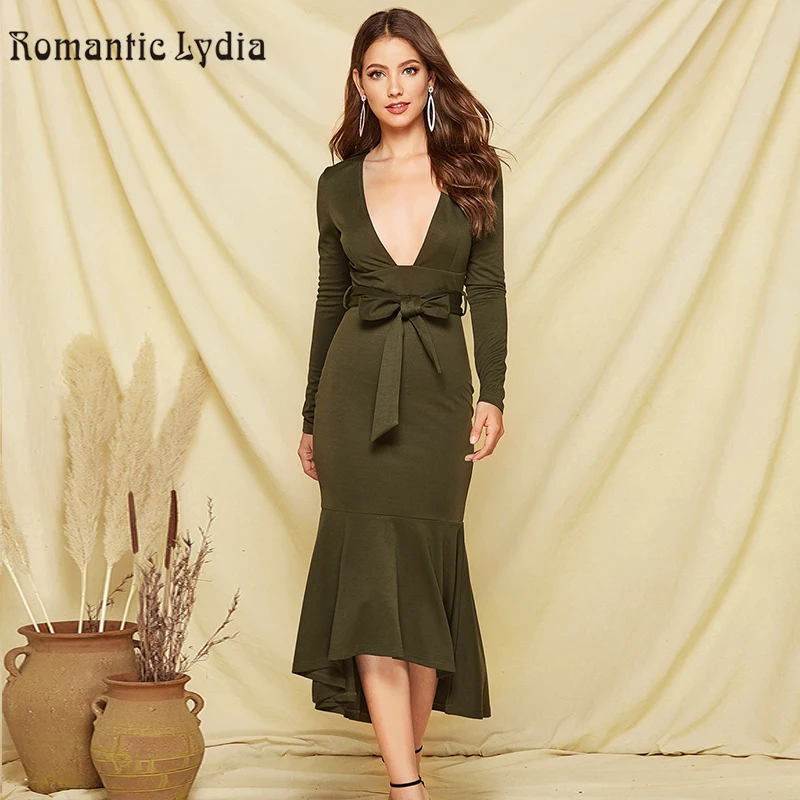 Женское облегающее платье Русалка средней длины с длинным рукавом и глубоким V