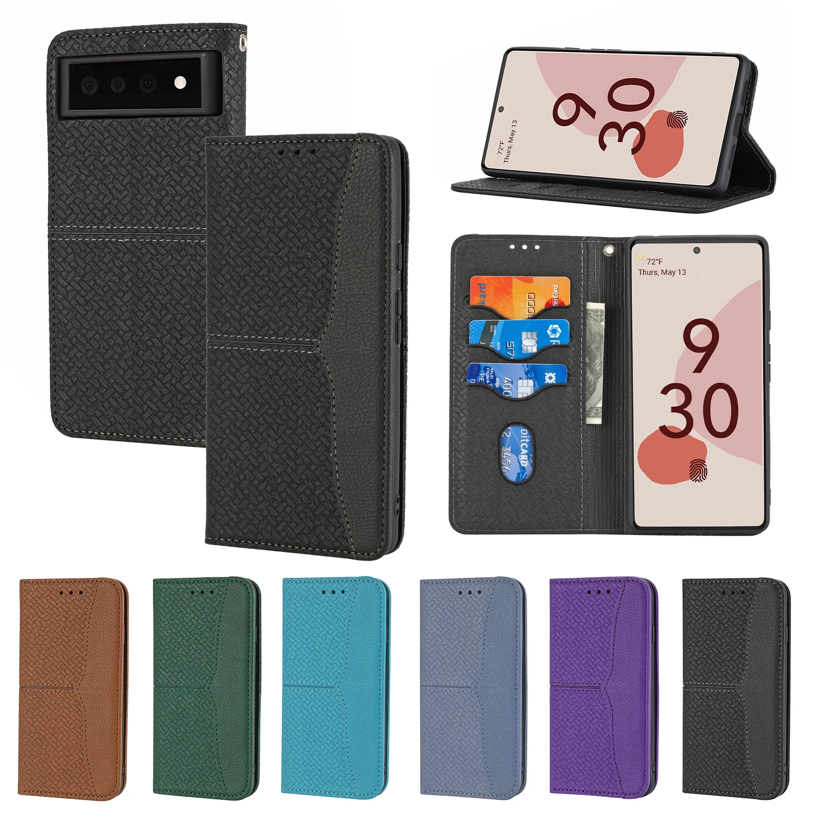 

PU Leather Phone Case for Google Pixel 6 Pro 5A Woven Pattern Flip Wallet Cover Lanyard Full Protective Shockproof Cards Coque