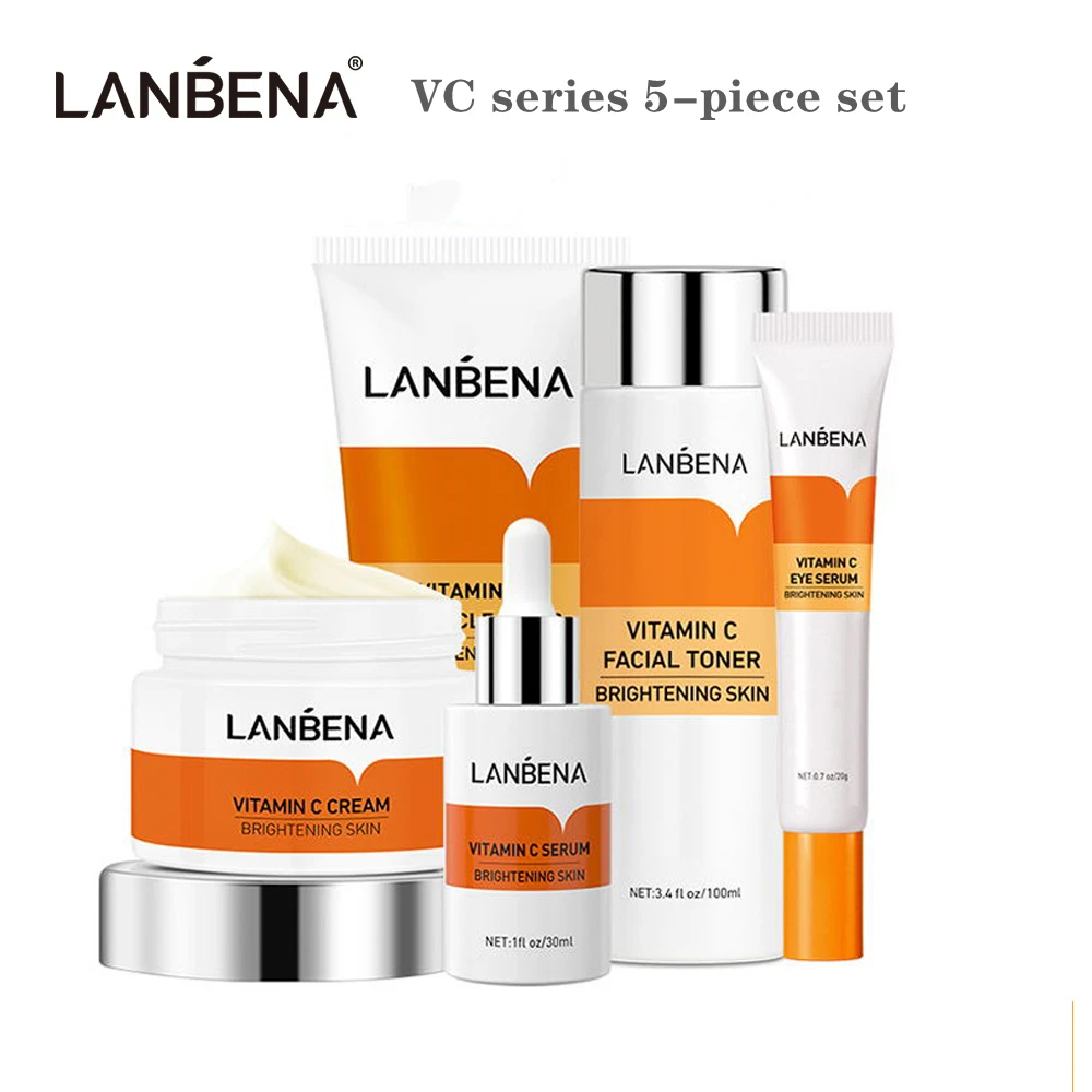 

5PCS LANBENA Vitamin C Whitening Face Care Set Serum Facial Cream Eye Serum Toner bioaqua VC Essence Cleanser Freckle Whitening