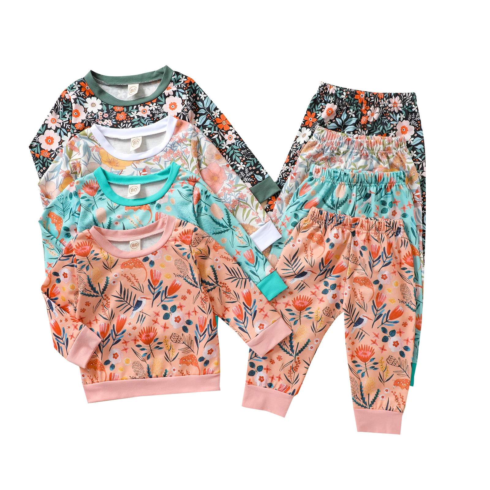 

2021 Summer Casual Toddler Baby Boy Girl 2Pcs Autumn Clothing Set Long Sleeve Floral Printed Top Long Pants Outfit 0-4Years