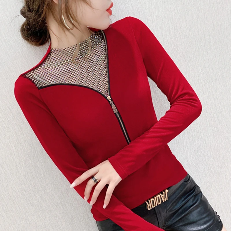 

Spring Fall Korean Clothes T-Shirt Fashion Sexy Zipper Shiny Diamonds Patchwork Tops Ropa Mujer Slim Tees 2020 New T00909A