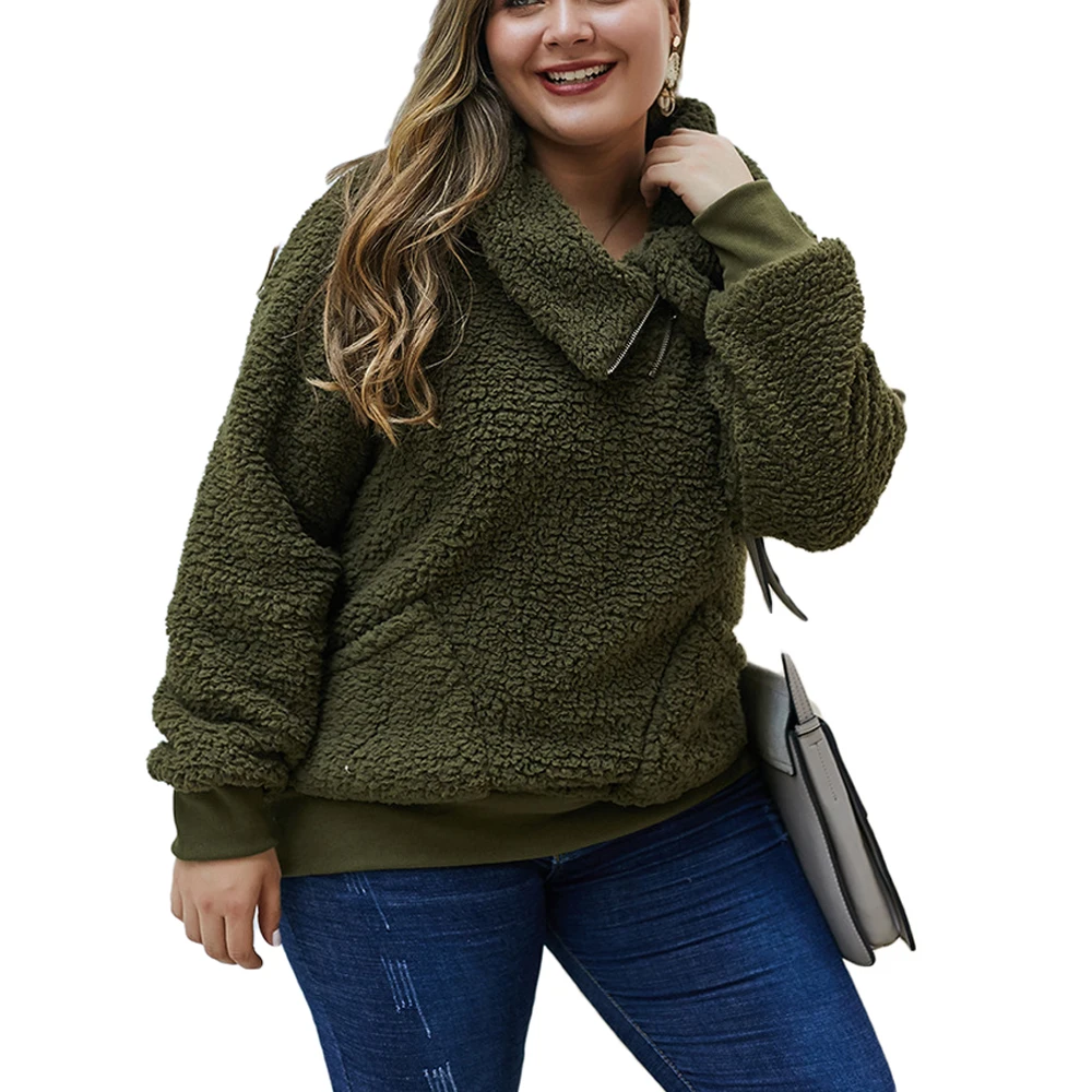 

Plus Size Women Teddy Fleece Warm Jacket Winter Casual Solid Color Turn-down Collor Coat Loose Outerwear Outdoor