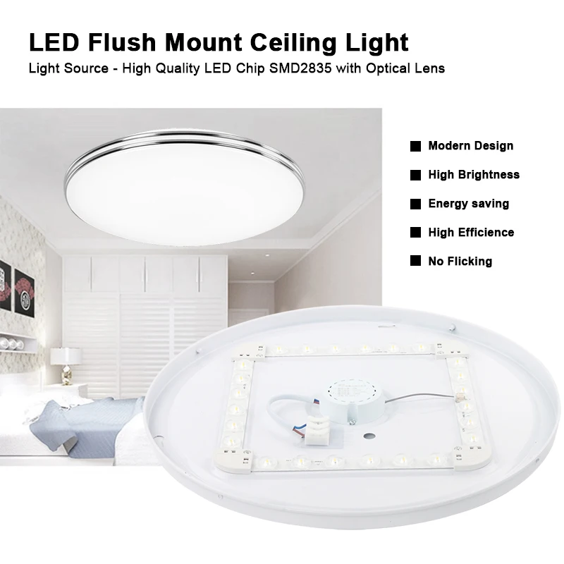 Lámpara LED de techo montada en Superficie moderna, luz redonda con armazón plateado doble, para casa, restaurante y Hotel, 12/18/24/36W